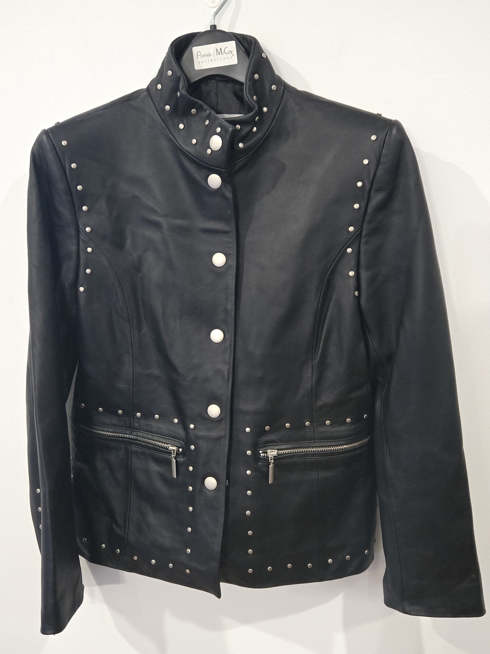 Pamela McCoy Collection Sz Xs Black Leather Jacket with Silver Stud Detailing